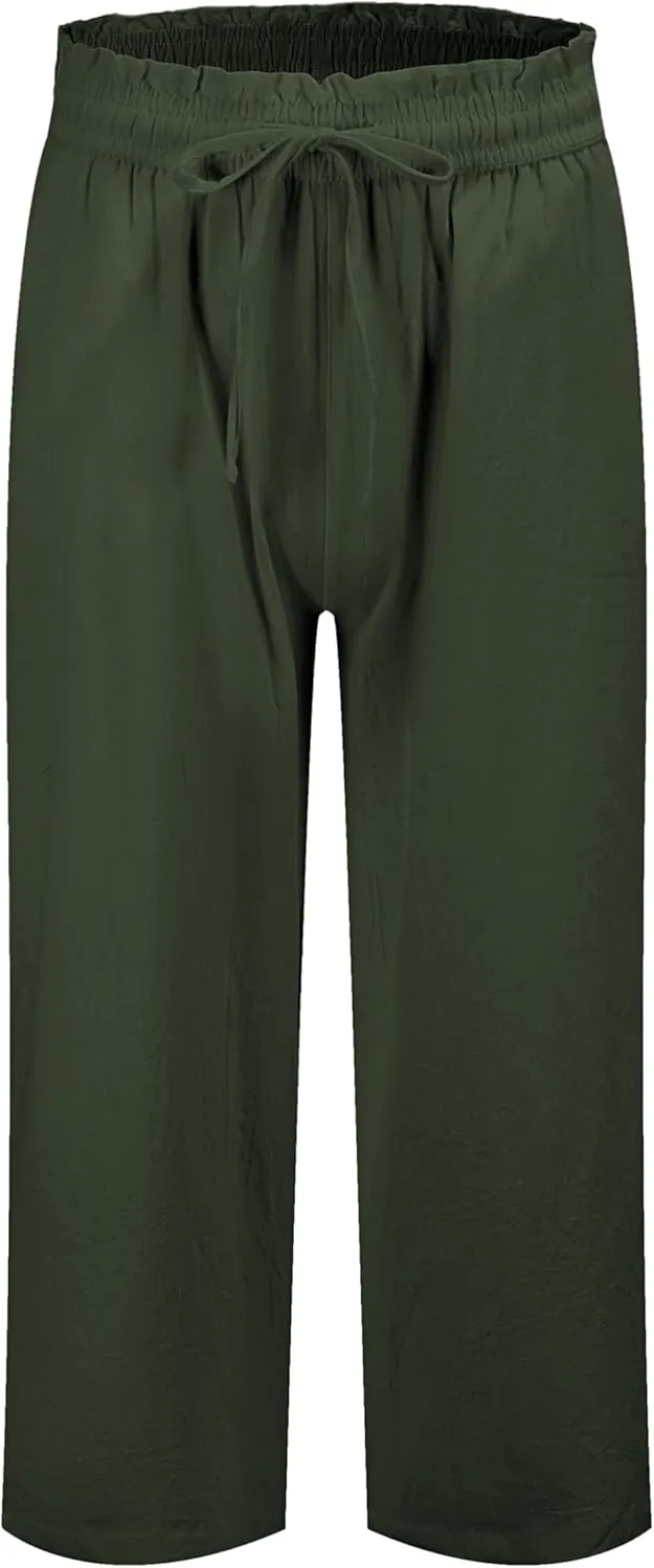 LNX Womens Linen Pants High Waisted Wide Leg Drawstring Casual Loose Trousers with Pockets