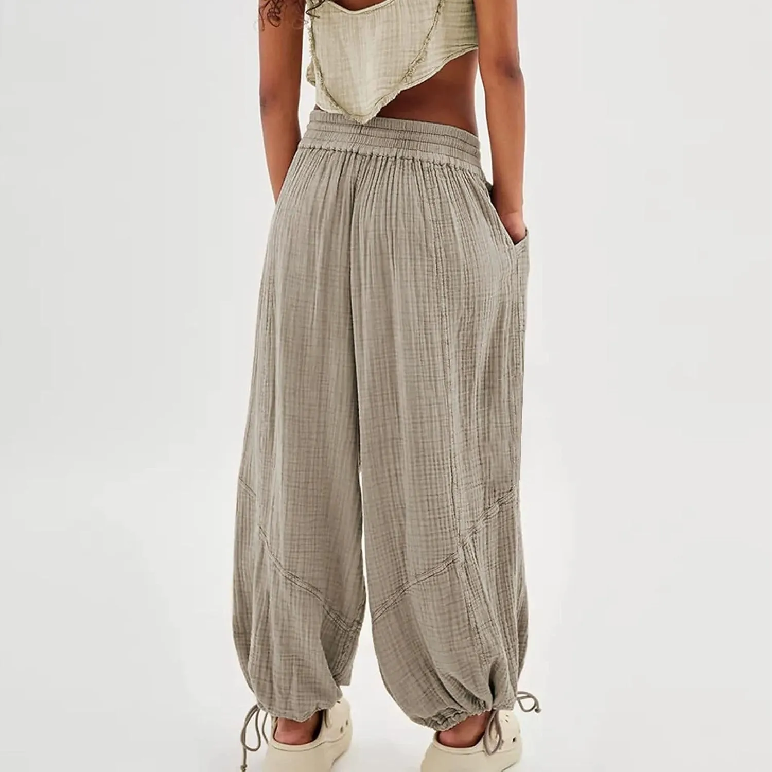 LOAIHA Women's Wide Leg Baggy Pants Drawstring Elastic Waist Harem Pants Casual Palazzo Lounge Trousers with Pockets