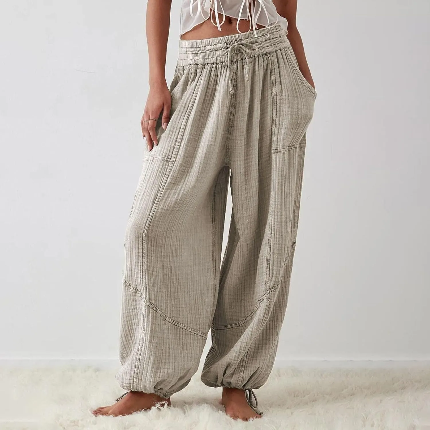 LOAIHA Women's Wide Leg Baggy Pants Drawstring Elastic Waist Harem Pants Casual Palazzo Lounge Trousers with Pockets