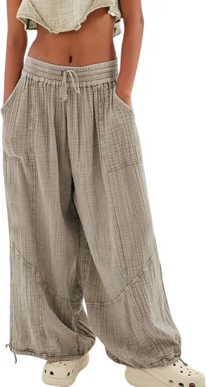 LOAIHA Women's Wide Leg Baggy Pants Drawstring Elastic Waist Harem Pants Casual Palazzo Lounge Trousers with Pockets