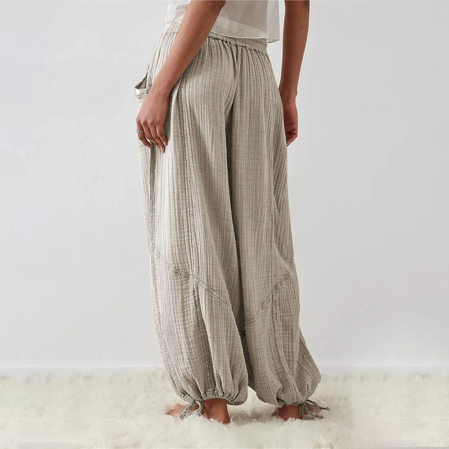 LOAIHA Women's Wide Leg Baggy Pants Drawstring Elastic Waist Harem Pants Casual Palazzo Lounge Trousers with Pockets
