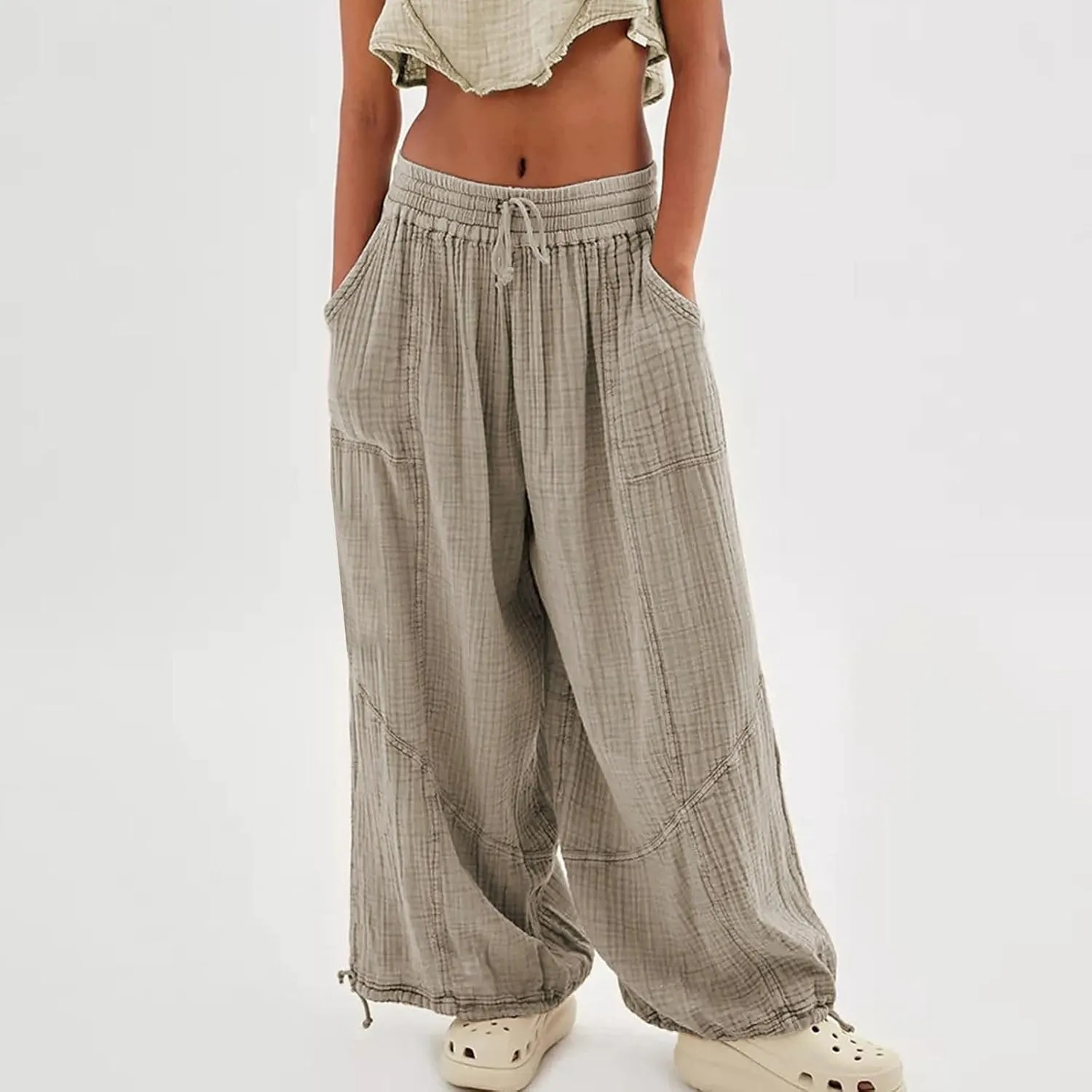 LOAIHA Women's Wide Leg Baggy Pants Drawstring Elastic Waist Harem Pants Casual Palazzo Lounge Trousers with Pockets