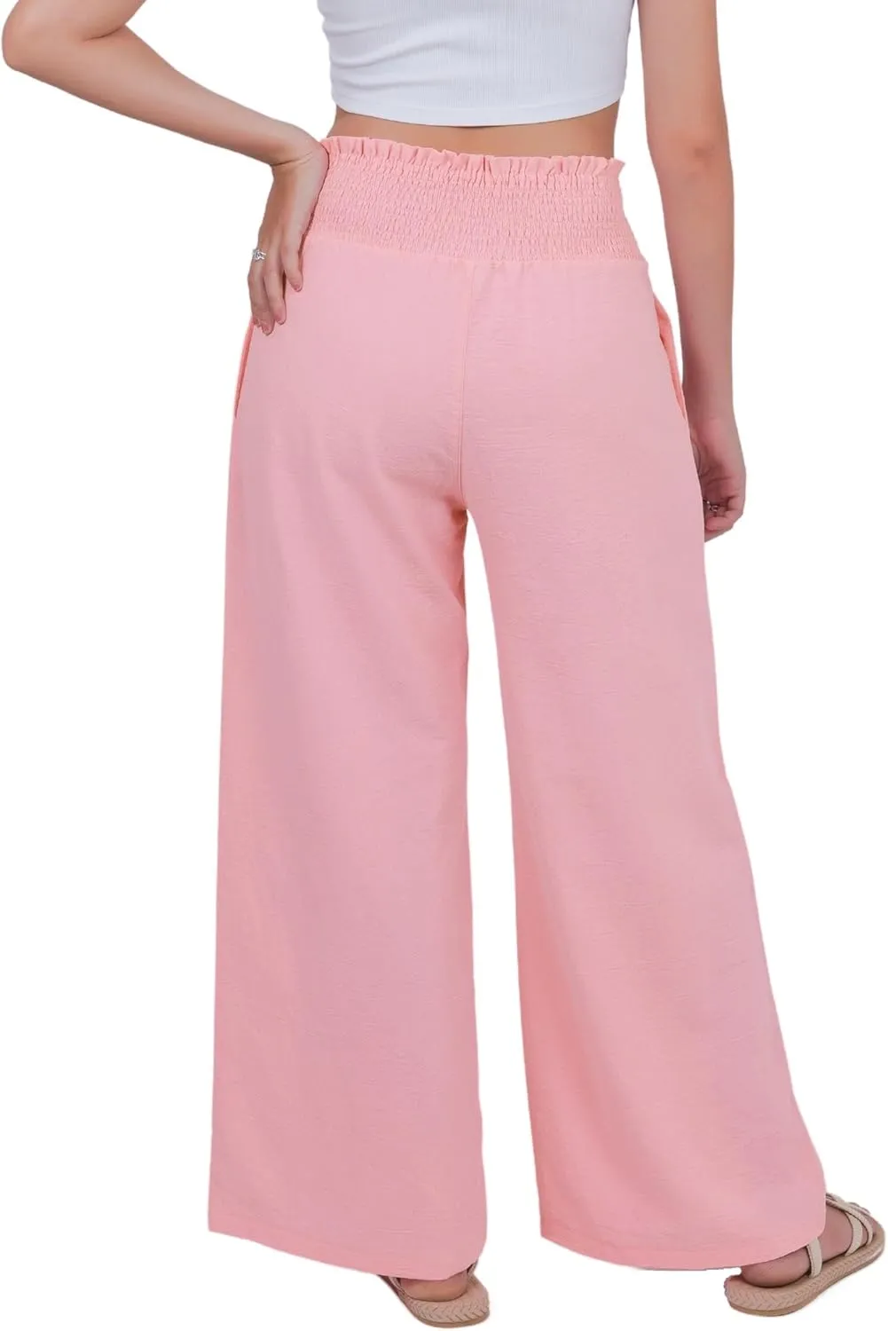 LOFBAZ Women Linen Wide Leg Palazzo Pants Flowy Casual Boho Trousers High Waist Beach Lounge Long Pant with Pockets