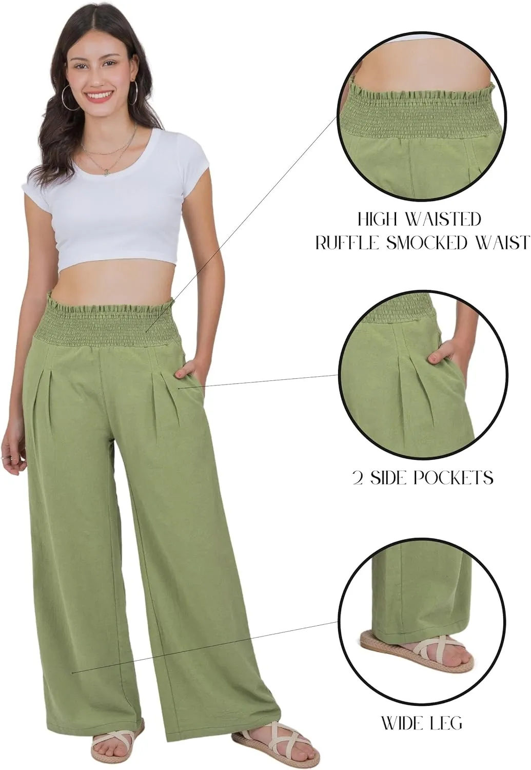 LOFBAZ Women Linen Wide Leg Palazzo Pants Flowy Casual Boho Trousers High Waist Beach Lounge Long Pant with Pockets
