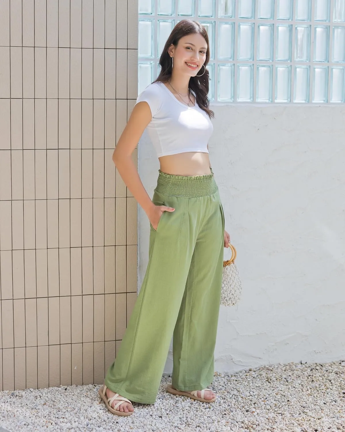 LOFBAZ Women Linen Wide Leg Palazzo Pants Flowy Casual Boho Trousers High Waist Beach Lounge Long Pant with Pockets