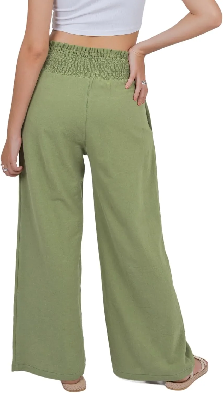 LOFBAZ Women Linen Wide Leg Palazzo Pants Flowy Casual Boho Trousers High Waist Beach Lounge Long Pant with Pockets
