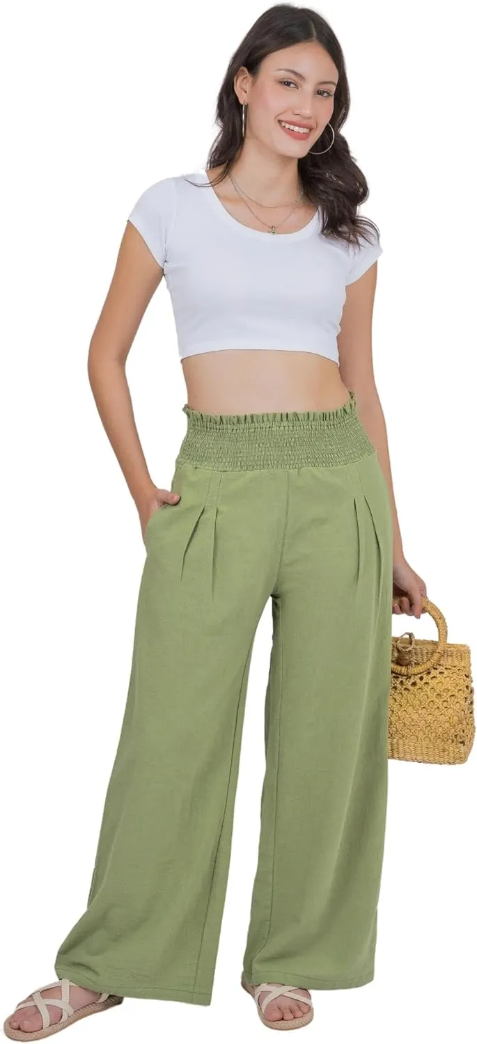 LOFBAZ Women Linen Wide Leg Palazzo Pants Flowy Casual Boho Trousers High Waist Beach Lounge Long Pant with Pockets
