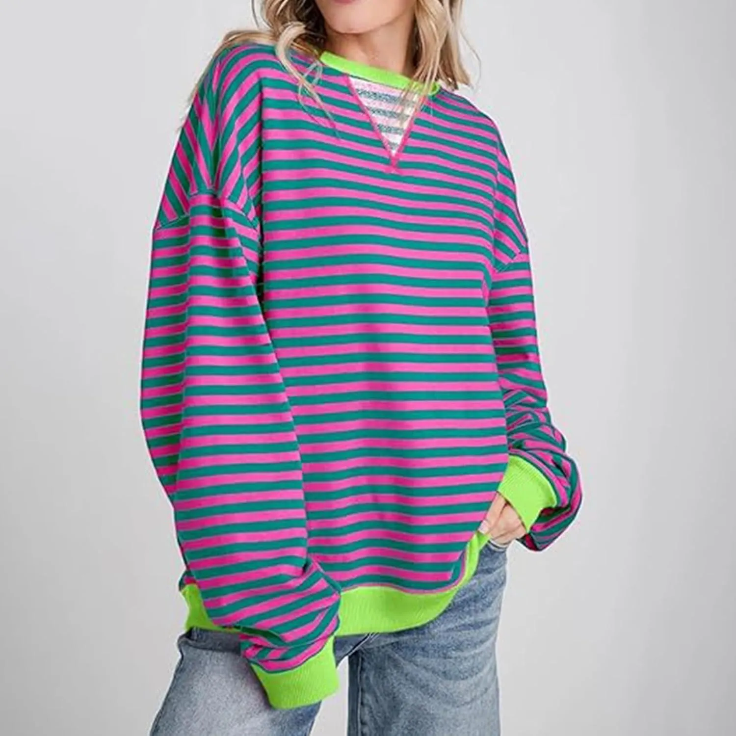 Long Sleeve Sweatshirt for Women Stripe Color Block Sweatshirt Casual Oversized Sweatshirt Crew Neck Pullover