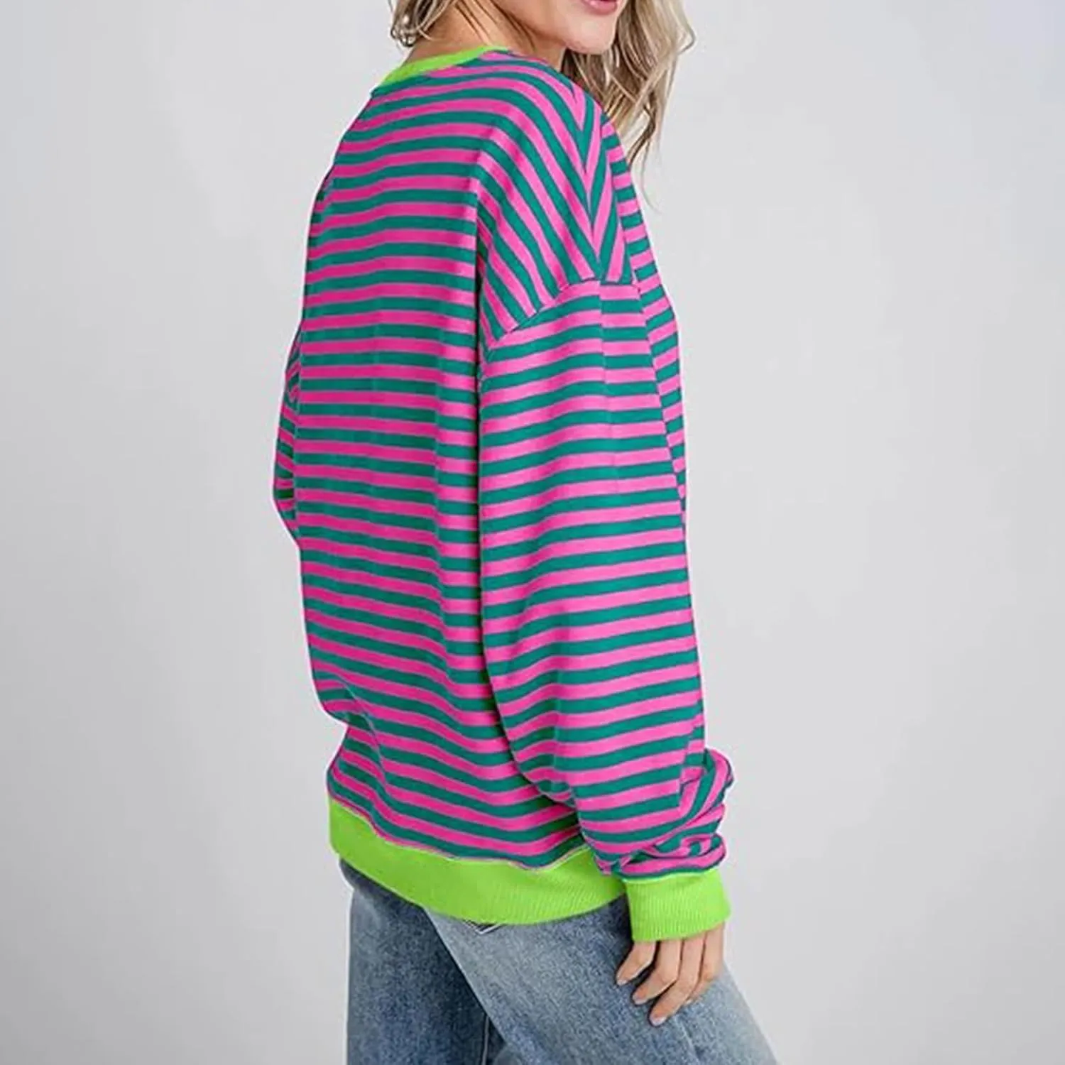 Long Sleeve Sweatshirt for Women Stripe Color Block Sweatshirt Casual Oversized Sweatshirt Crew Neck Pullover