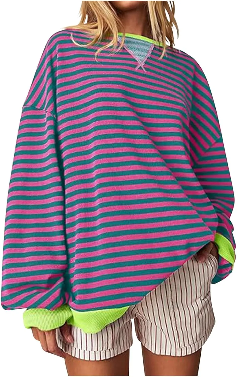 Long Sleeve Sweatshirt for Women Stripe Color Block Sweatshirt Casual Oversized Sweatshirt Crew Neck Pullover