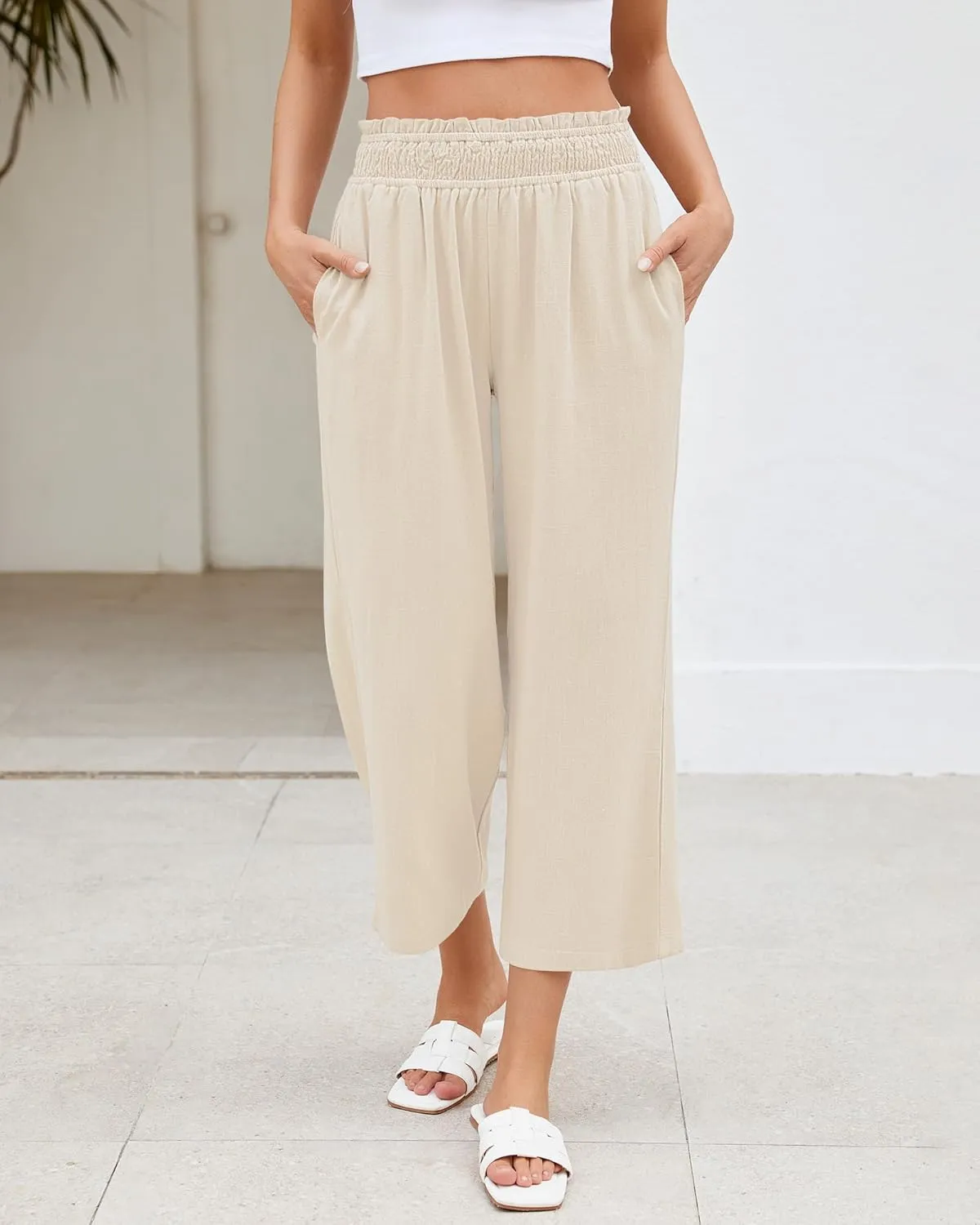 LookbookStore Linen Pants Women Capri Wide Leg High Wasited Pull On Elasitc Waist Summer Beach Palazzo Capris Pants