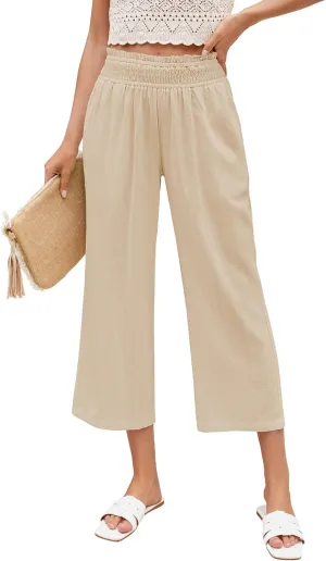 LookbookStore Linen Pants Women Capri Wide Leg High Wasited Pull On Elasitc Waist Summer Beach Palazzo Capris Pants