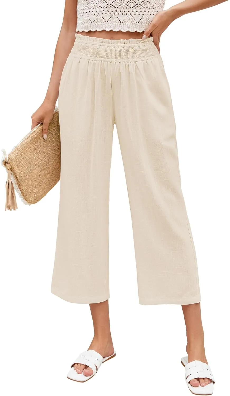 LookbookStore Linen Pants Women Capri Wide Leg High Wasited Pull On Elasitc Waist Summer Beach Palazzo Capris Pants