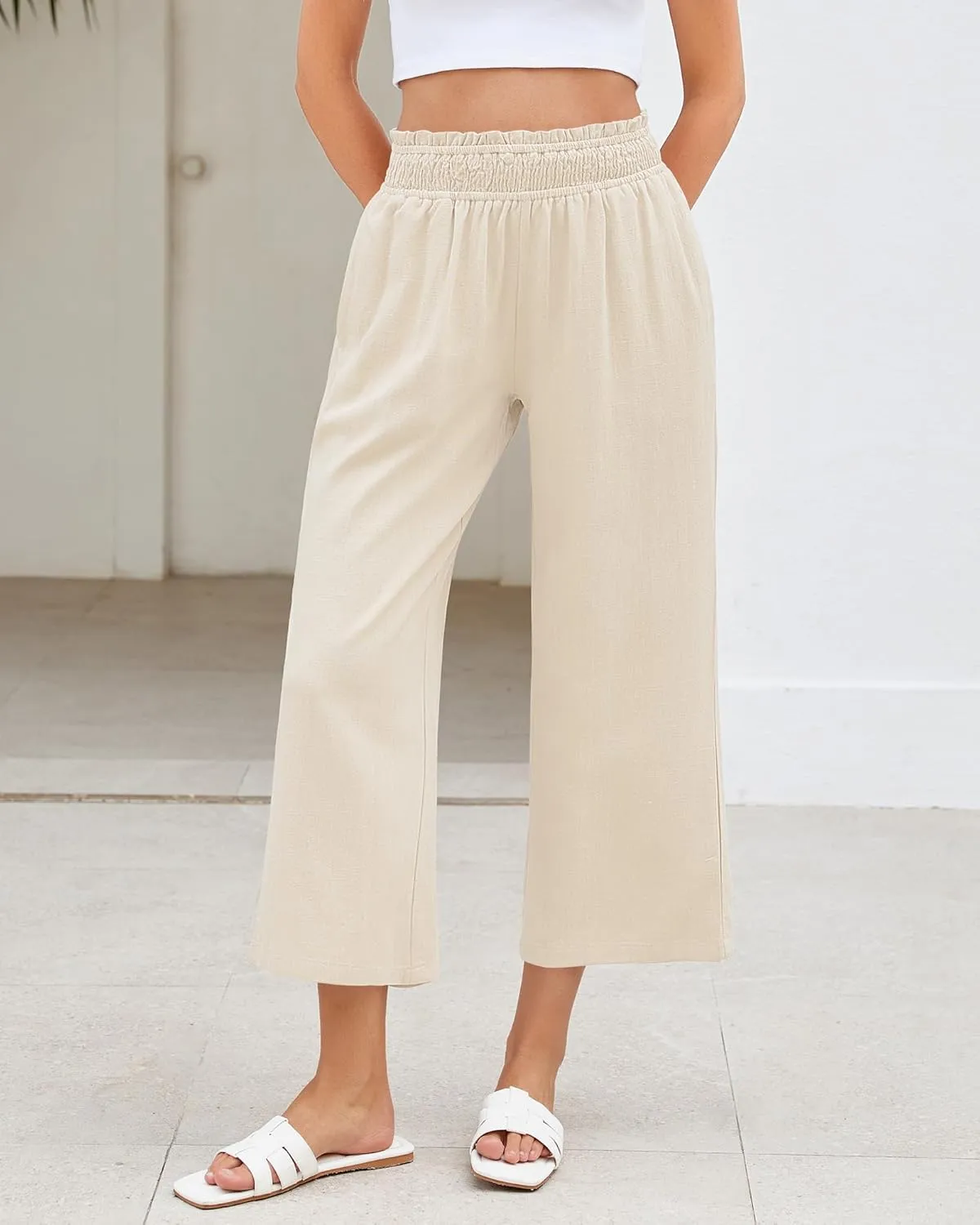 LookbookStore Linen Pants Women Capri Wide Leg High Wasited Pull On Elasitc Waist Summer Beach Palazzo Capris Pants