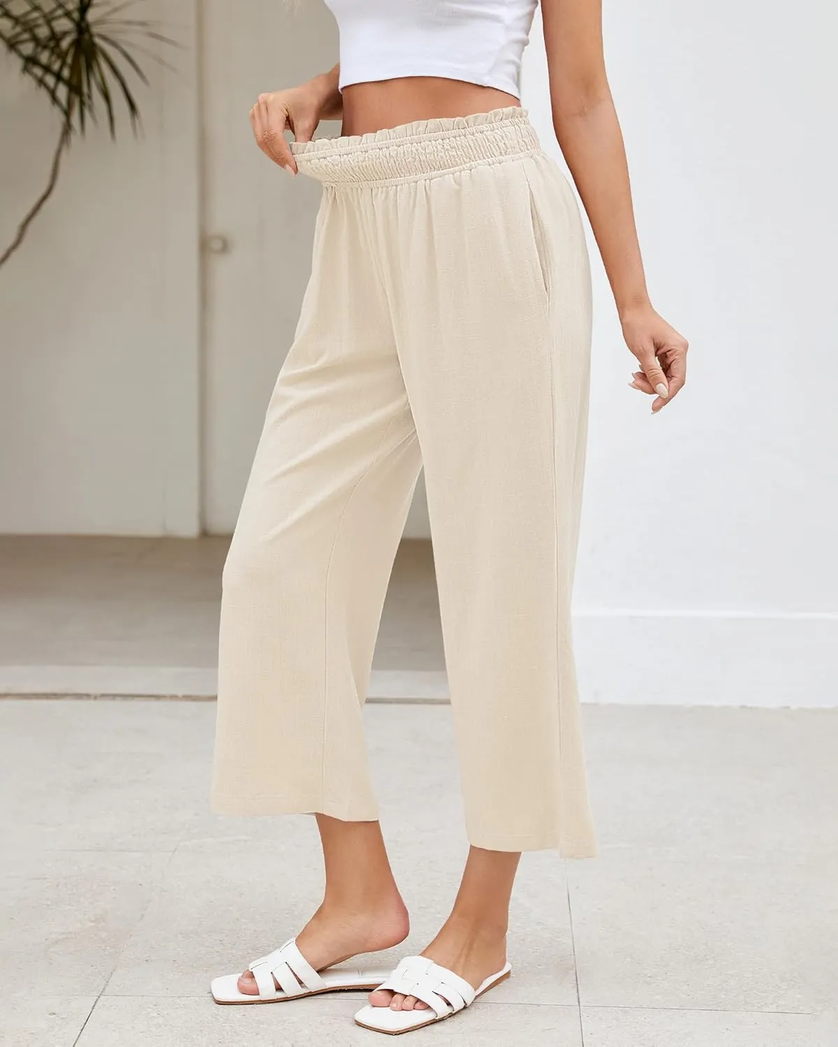 LookbookStore Linen Pants Women Capri Wide Leg High Wasited Pull On Elasitc Waist Summer Beach Palazzo Capris Pants