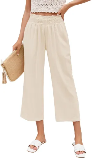 LookbookStore Linen Pants Women Capri Wide Leg High Wasited Pull On Elasitc Waist Summer Beach Palazzo Capris Pants
