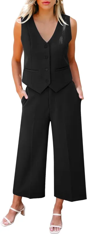 LookbookStore Pant Suits for Women Dressy Two Piece Business Casual Outfits Sleeveless Blazer Summer Vest and Pants Sets