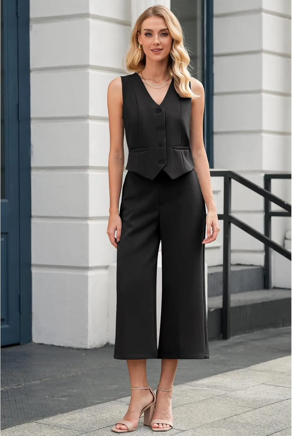 LookbookStore Pant Suits for Women Dressy Two Piece Business Casual Outfits Sleeveless Blazer Summer Vest and Pants Sets