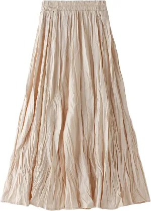 Lu's Chic Women's Long Skirt Pleated A Line Dress Fall Casual Polyester Swing Dress Tea Length Midi