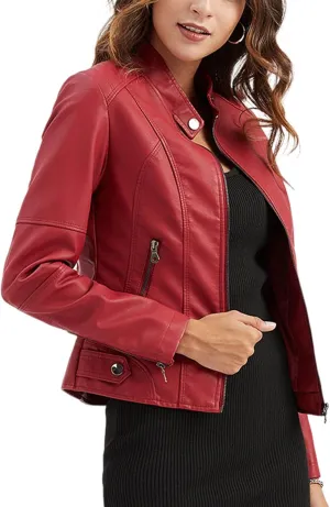 Lu's Chic Women's Long Sleeve Coat Faux Leather Snow Spring Motorcycle Full Zip Leather Jacket Winter Jacket