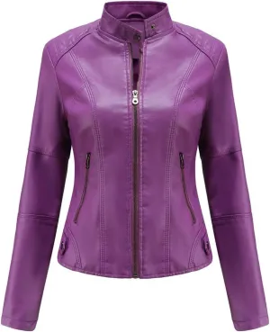 Lu's Chic Women's Long Sleeve Coat Faux Leather Snow Spring Motorcycle Full Zip Leather Jacket Winter Jacket