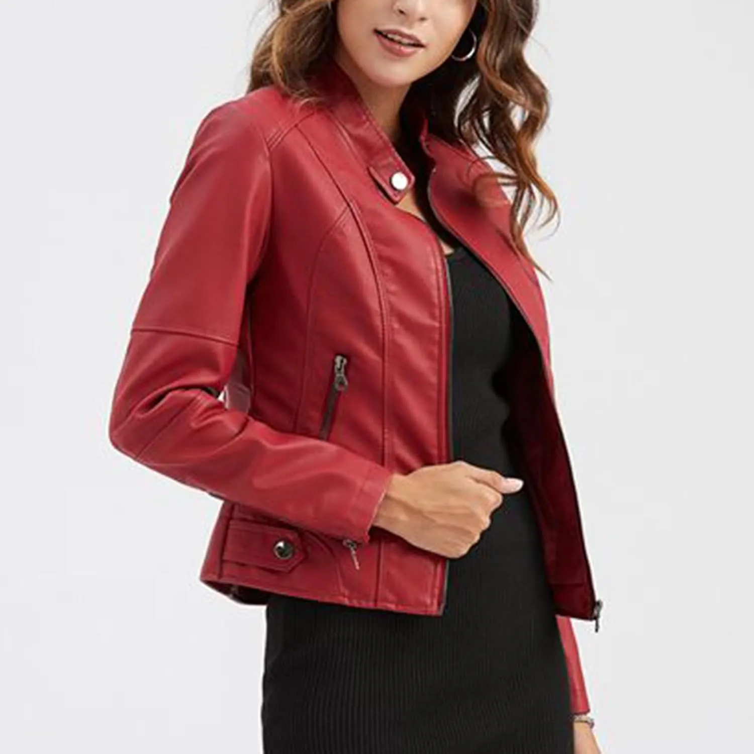 Lu's Chic Women's Long Sleeve Coat Faux Leather Snow Spring Motorcycle Full Zip Leather Jacket Winter Jacket