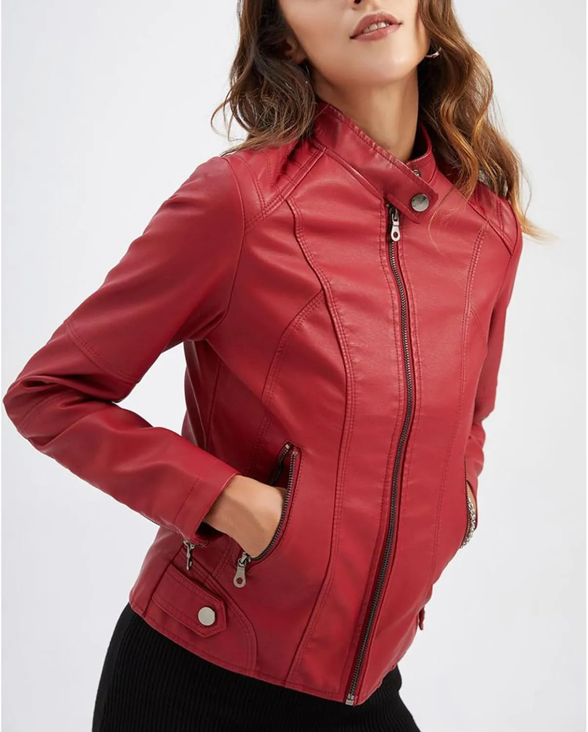 Lu's Chic Women's Long Sleeve Coat Faux Leather Snow Spring Motorcycle Full Zip Leather Jacket Winter Jacket