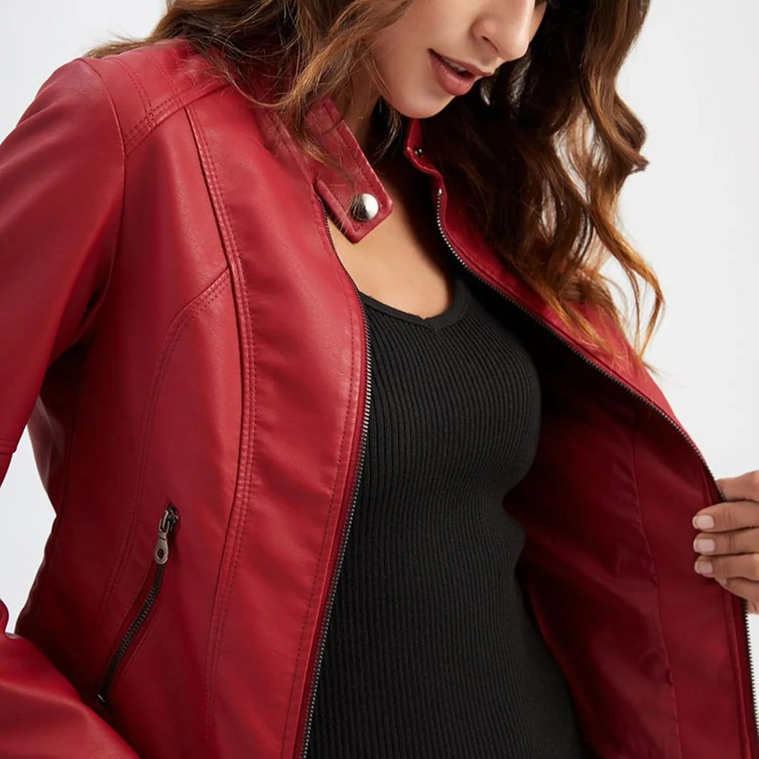 Lu's Chic Women's Long Sleeve Coat Faux Leather Snow Spring Motorcycle Full Zip Leather Jacket Winter Jacket