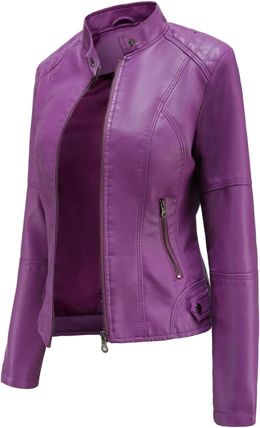 Lu's Chic Women's Long Sleeve Coat Faux Leather Snow Spring Motorcycle Full Zip Leather Jacket Winter Jacket
