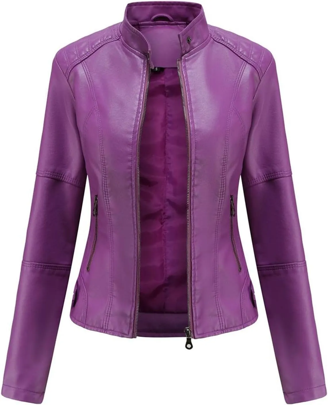 Lu's Chic Women's Long Sleeve Coat Faux Leather Snow Spring Motorcycle Full Zip Leather Jacket Winter Jacket