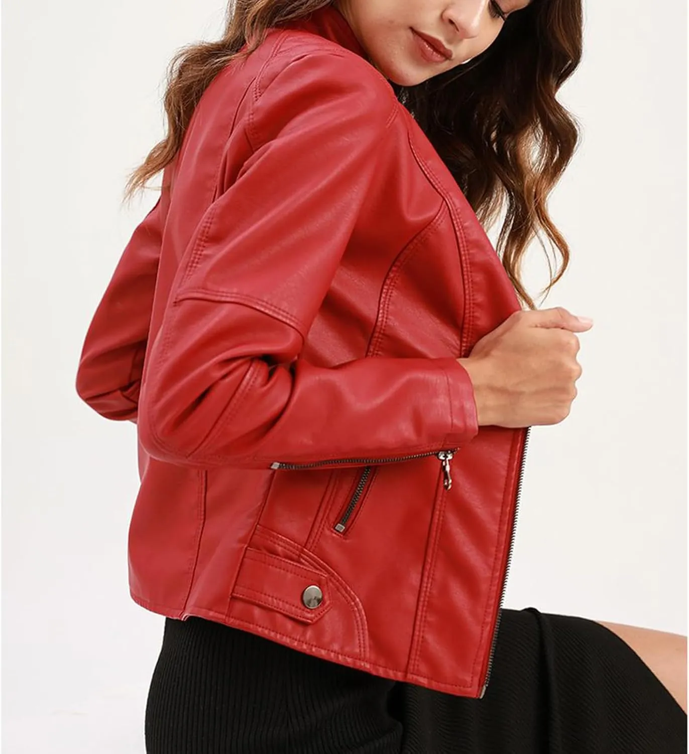 Lu's Chic Women's Long Sleeve Coat Faux Leather Snow Spring Motorcycle Full Zip Leather Jacket Winter Jacket