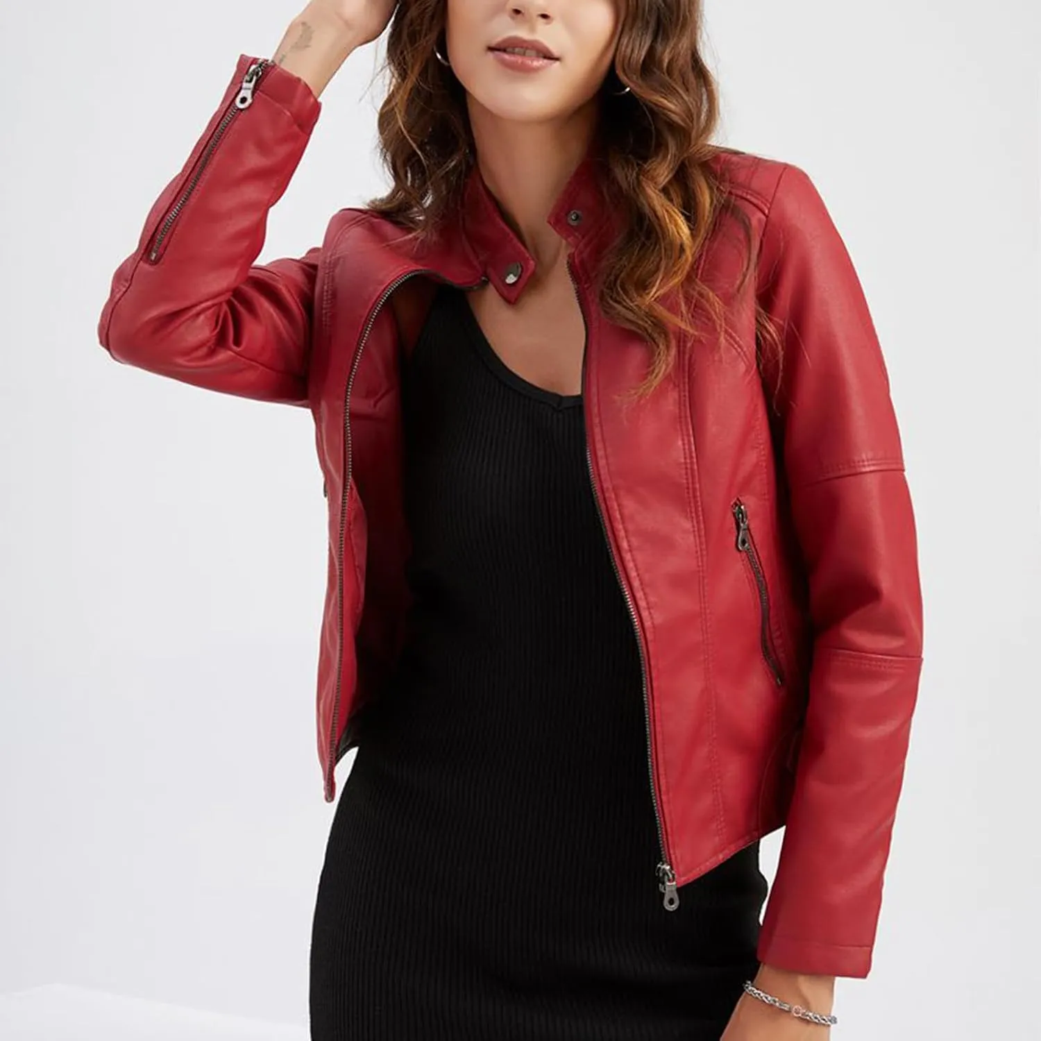 Lu's Chic Women's Long Sleeve Coat Faux Leather Snow Spring Motorcycle Full Zip Leather Jacket Winter Jacket