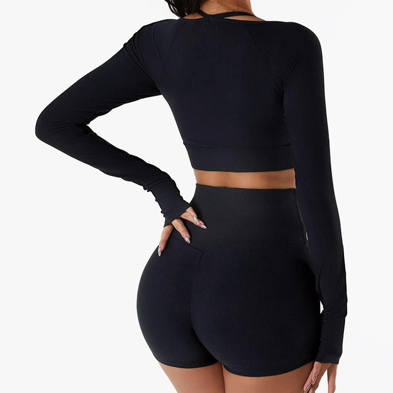 Lu's Chic Women's Long Sleeve Crop Top Quick Dry Halter Yoga Shirt Ribbed Padded Workout Gym Tshirt with Built-in Bra