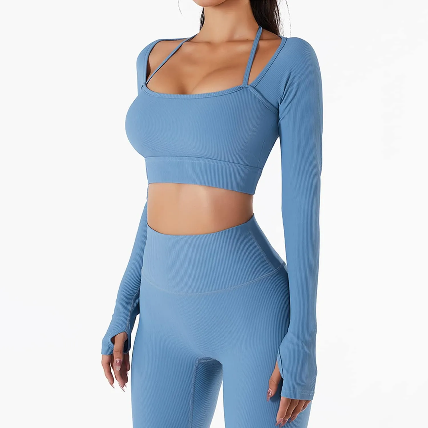 Lu's Chic Women's Long Sleeve Crop Top Quick Dry Halter Yoga Shirt Ribbed Padded Workout Gym Tshirt with Built-in Bra