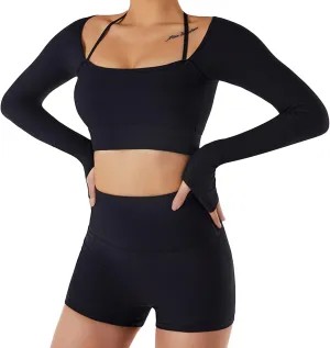 Lu's Chic Women's Long Sleeve Crop Top Quick Dry Halter Yoga Shirt Ribbed Padded Workout Gym Tshirt with Built-in Bra
