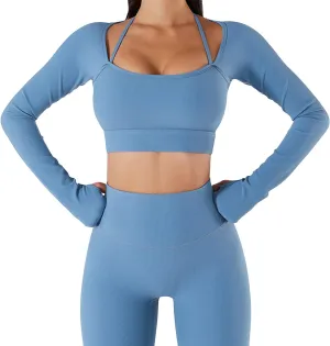 Lu's Chic Women's Long Sleeve Crop Top Quick Dry Halter Yoga Shirt Ribbed Padded Workout Gym Tshirt with Built-in Bra