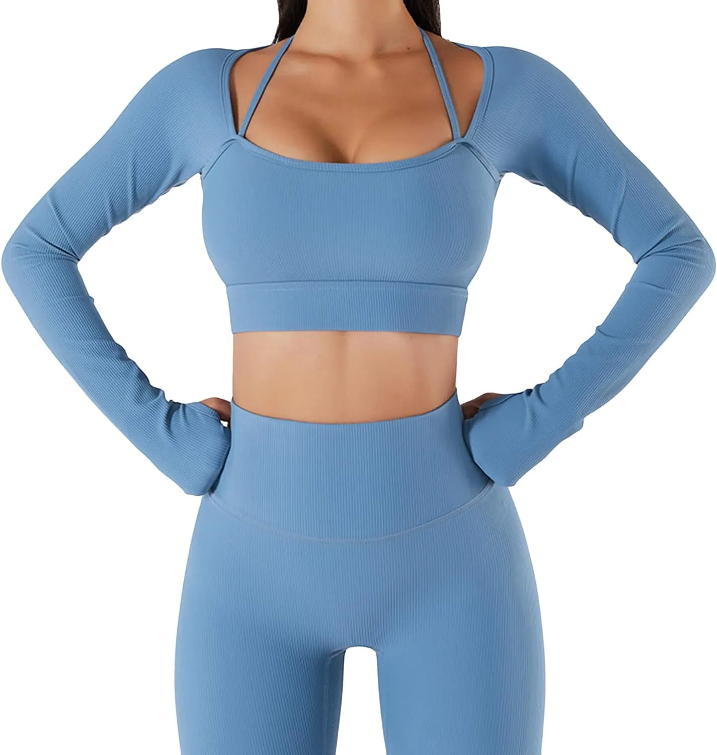 Lu's Chic Women's Long Sleeve Crop Top Quick Dry Halter Yoga Shirt Ribbed Padded Workout Gym Tshirt with Built-in Bra