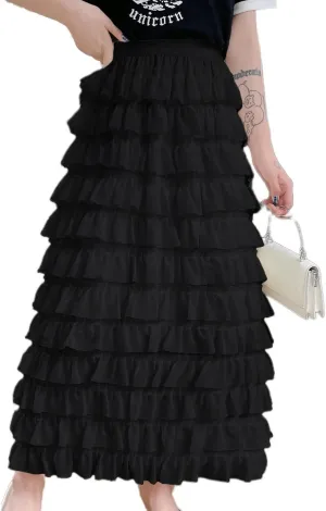 Lu's Chic Women's Ruffle Skirt Long Tulle Skirt Pleated Mesh Midi Chiffon Tutu Skirt Tiered Petticoat