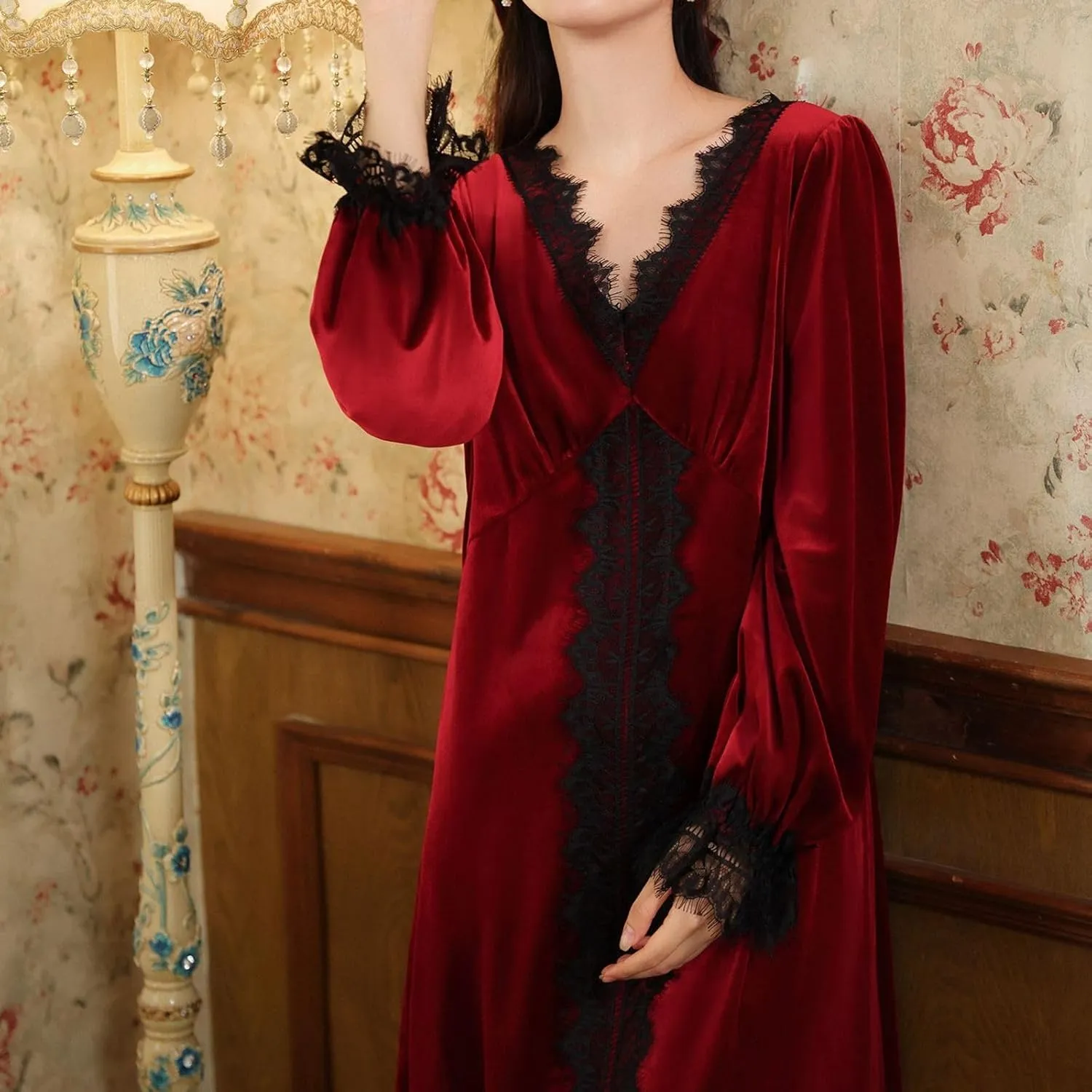 Lu's Chic Women's Velvet Nightgown Warm Pajamas Dress Soft Lace Winter Vintage V Neck Thick Comfy Loungewear