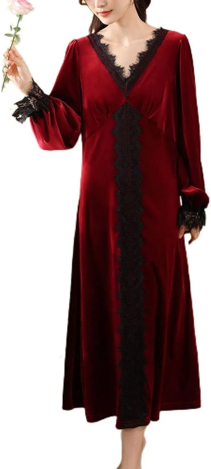 Lu's Chic Women's Velvet Nightgown Warm Pajamas Dress Soft Lace Winter Vintage V Neck Thick Comfy Loungewear