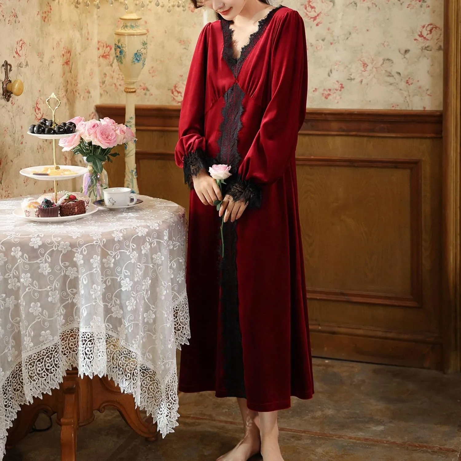 Lu's Chic Women's Velvet Nightgown Warm Pajamas Dress Soft Lace Winter Vintage V Neck Thick Comfy Loungewear