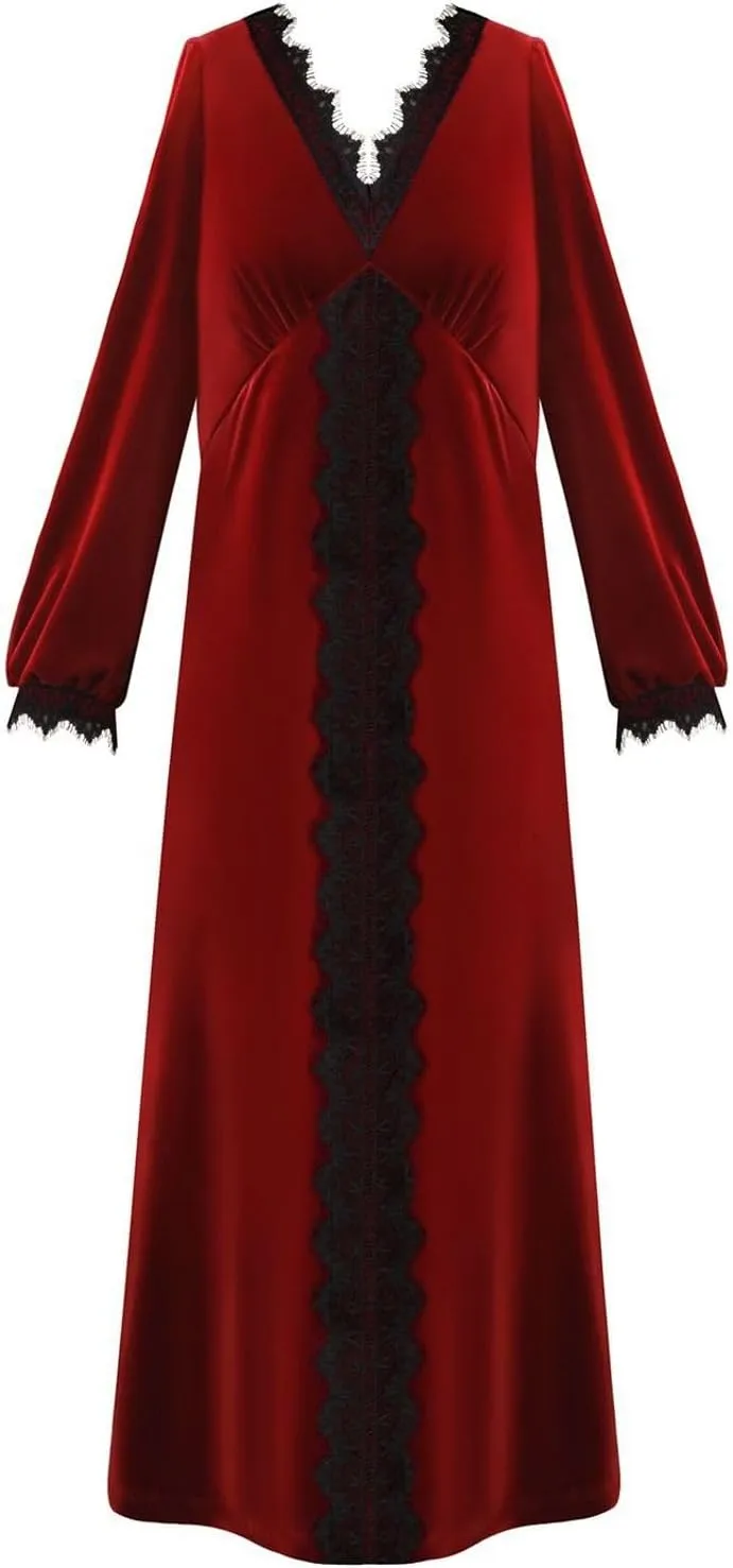 Lu's Chic Women's Velvet Nightgown Warm Pajamas Dress Soft Lace Winter Vintage V Neck Thick Comfy Loungewear