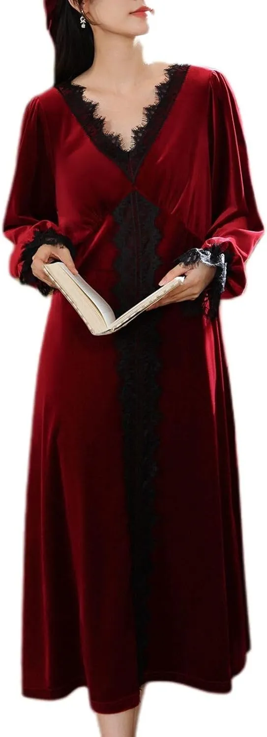 Lu's Chic Women's Velvet Nightgown Warm Pajamas Dress Soft Lace Winter Vintage V Neck Thick Comfy Loungewear