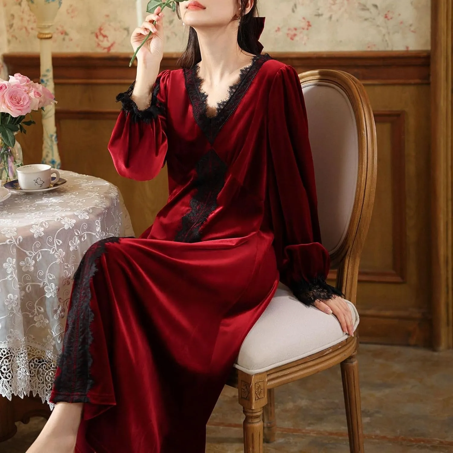 Lu's Chic Women's Velvet Nightgown Warm Pajamas Dress Soft Lace Winter Vintage V Neck Thick Comfy Loungewear
