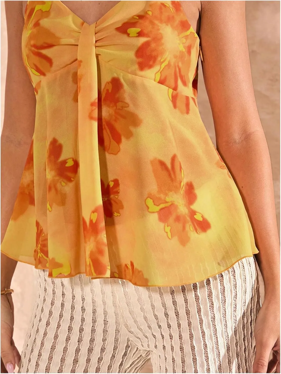 MakeMeChic Women's Floral V Neck Camisole Sleeveless Ruched Spaghetti Strap Tank Ruffle Y2k Tops