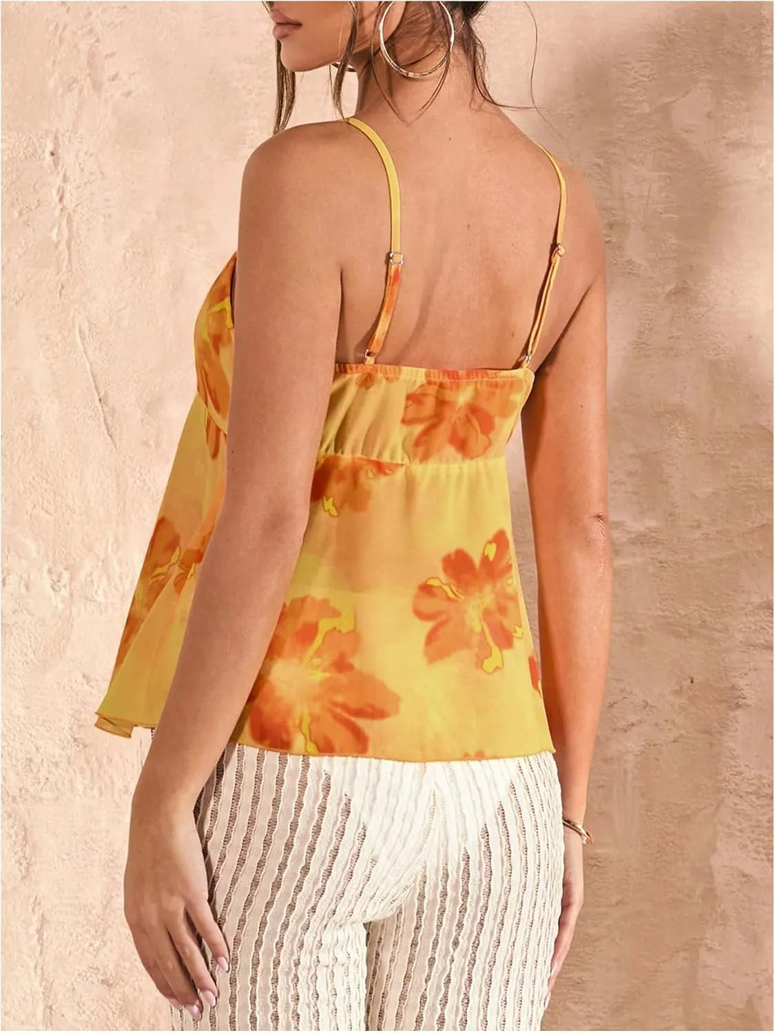 MakeMeChic Women's Floral V Neck Camisole Sleeveless Ruched Spaghetti Strap Tank Ruffle Y2k Tops