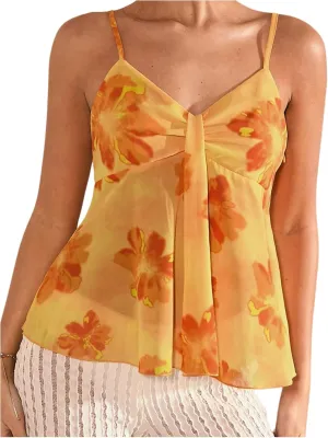 MakeMeChic Women's Floral V Neck Camisole Sleeveless Ruched Spaghetti Strap Tank Ruffle Y2k Tops