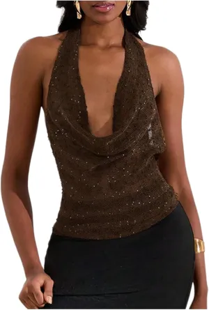 MakeMeChic Women's Going Out Tops Sexy Deep V Cowl Neck Blackless Sequin Halter Top
