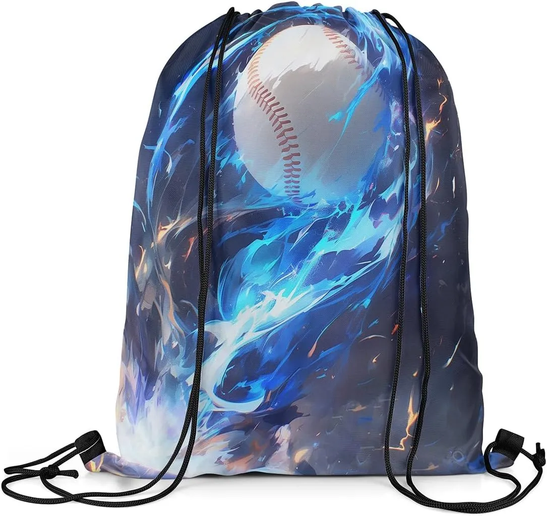 Manfei Baseball Game Drawstring Backpack Gym Bag,Abstract Blue Fire Cinch Bag,Chic Ball Sports Foldable Draw String Back Bag Sports Bag