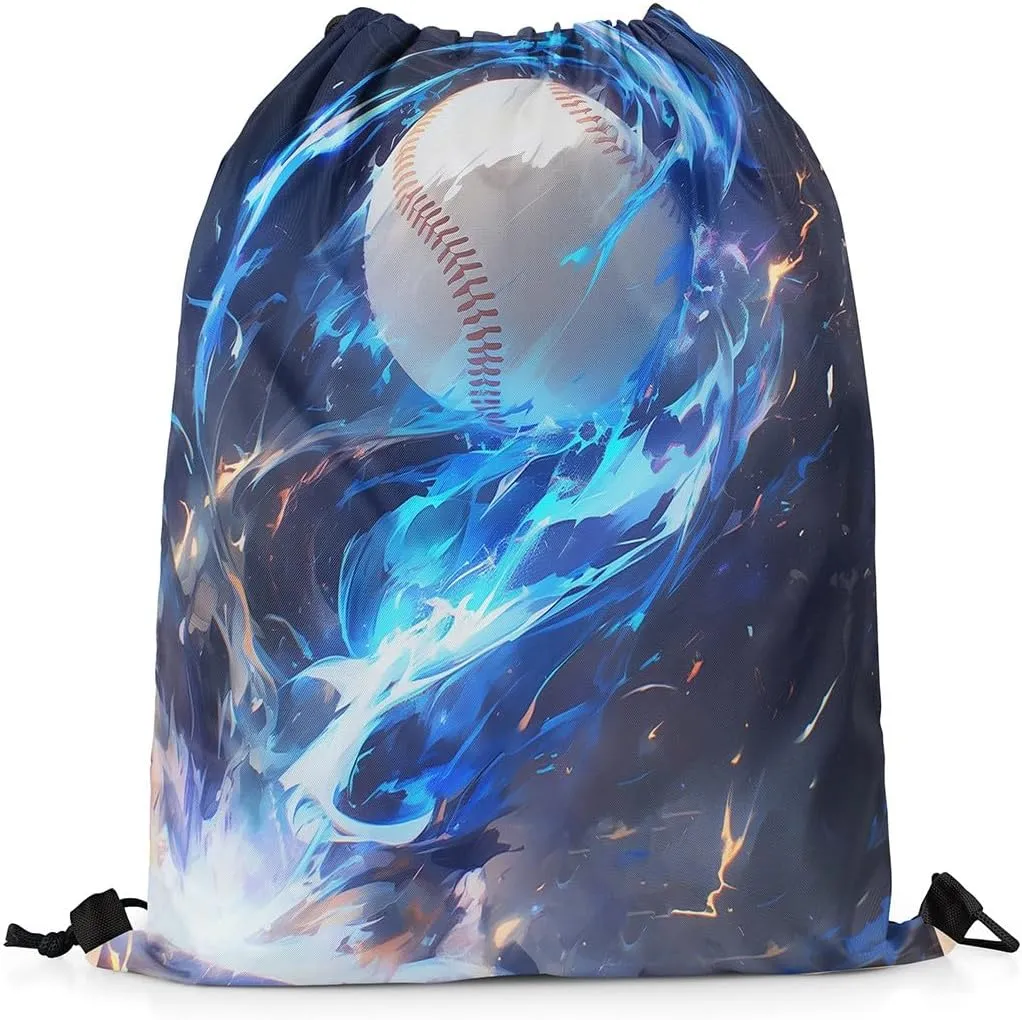 Manfei Baseball Game Drawstring Backpack Gym Bag,Abstract Blue Fire Cinch Bag,Chic Ball Sports Foldable Draw String Back Bag Sports Bag